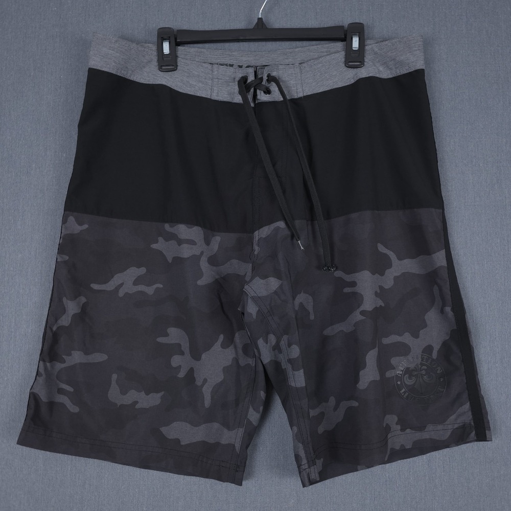 Affliction Board‎ Shorts Mens 36 (Fits 37x11.5) Black Camo Unlined Swim Trunks